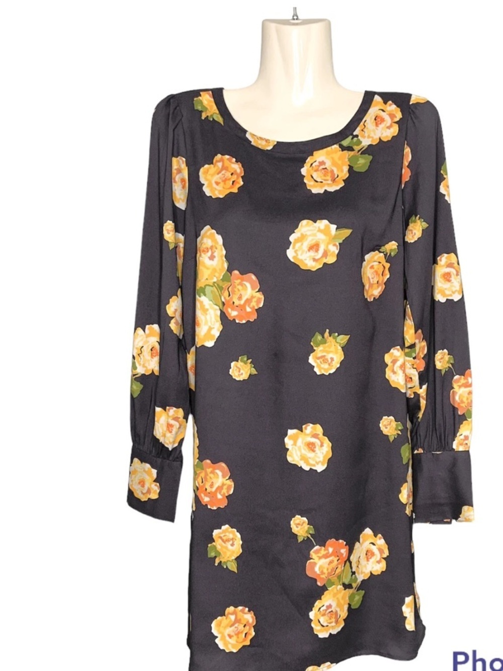 LOFT gray Long-Sleeve Floral Shift Dress with Yellow Rose Print